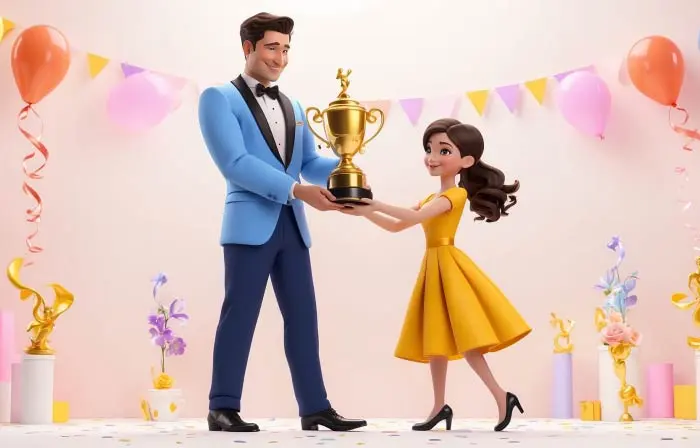 Man Giving an Award to Beautiful Girl 3D Character Illustration
